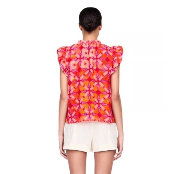 EUC Marie Oliver Maison Ruffled Split Neck Top Blouse Shirt in Guava Size MEDIUM - Picture 2 of 4